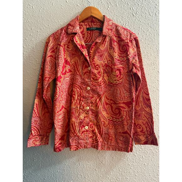Ralph Lauren Women’s Cotton Red Paisley Pajama Top Button Front Size Small - Picture 1 of 7